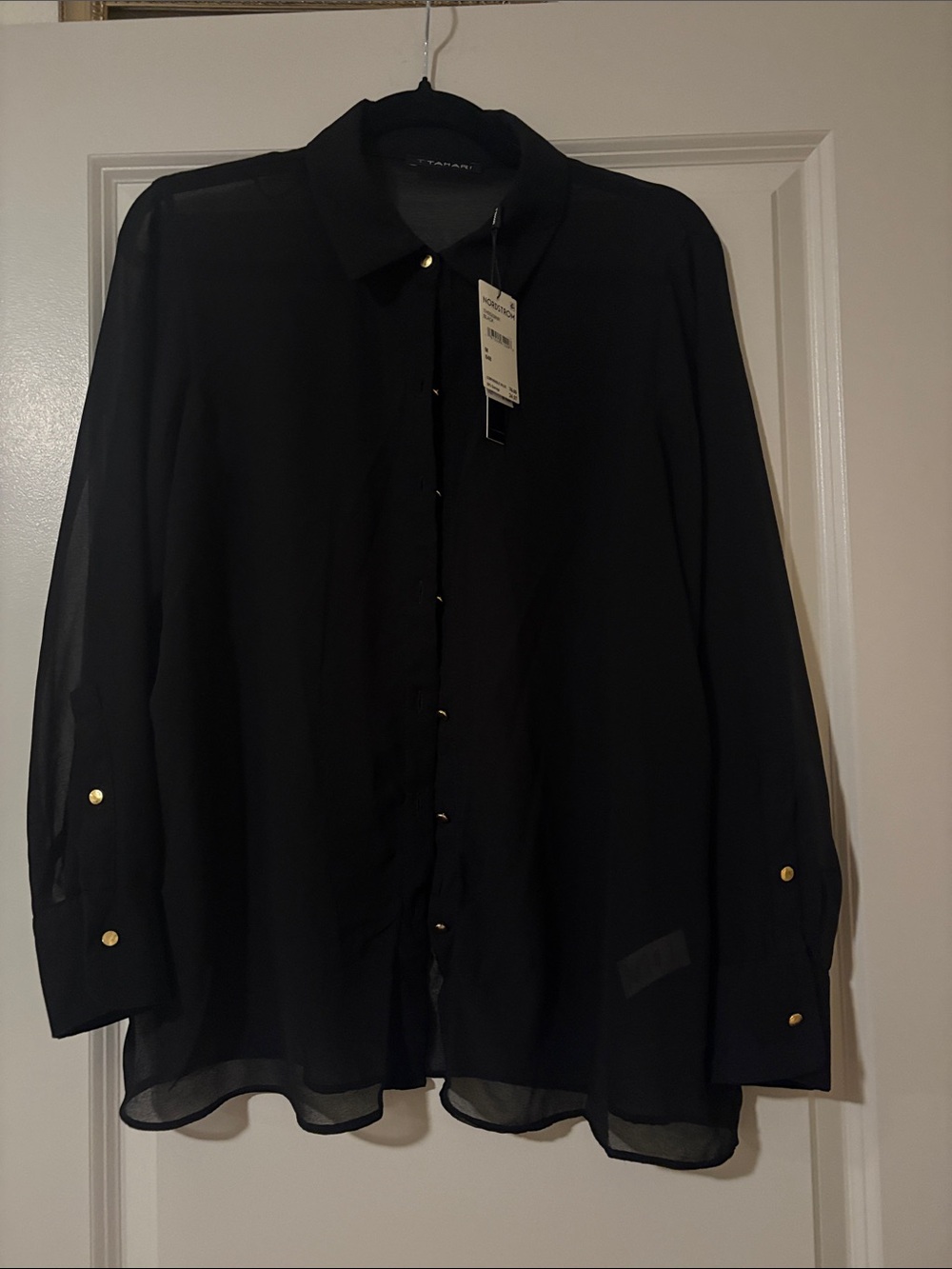 T Tahari Black Sheer Button-Down Shirt with Gold Buttons